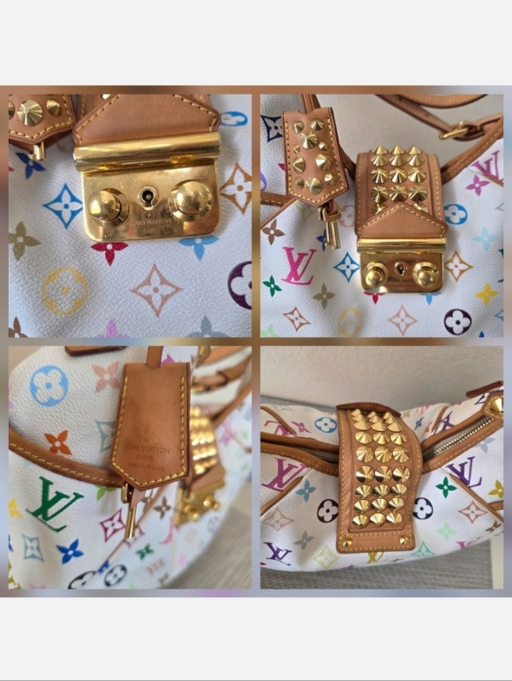 ♥RARE Louis Vuitton White Murakami Multicolor Monogram Gold Studded Shoulder Bag - Picture 7 of 15